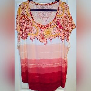 3X Ladies Top, Metallic Gold Paint Accents, Pink Dip Dyed, Cap Sleeve, CUTE, EUC